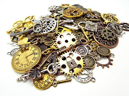 100 Steampunk Charms Mix including Keys, Padlocks, Clocks and Cogs for Steampunk Jewellery and Mixed Media Art