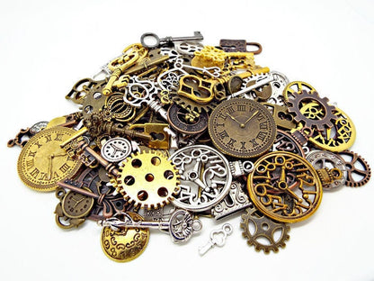 100 Steampunk Charms Mix including Keys, Padlocks, Clocks and Cogs for Steampunk Jewellery and Mixed Media Art