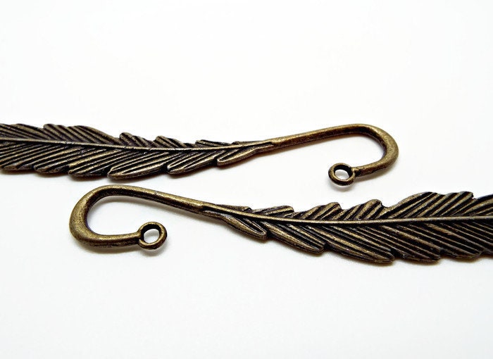 5 BRONZE FEATHER BOOKMARKS in an Antique Style, Blanks for Beads & Charms, 116x14mm