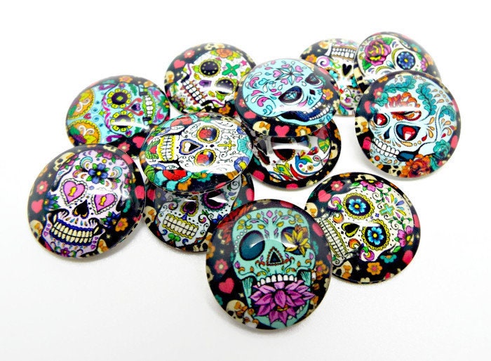 20MM SKULL CABOCHONS, Pack of 12 Day of the Dead Designs, Halloween Jewellery Cabochons