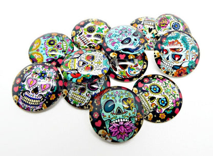 20MM SKULL CABOCHONS, Pack of 12 Day of the Dead Designs, Halloween Jewellery Cabochons