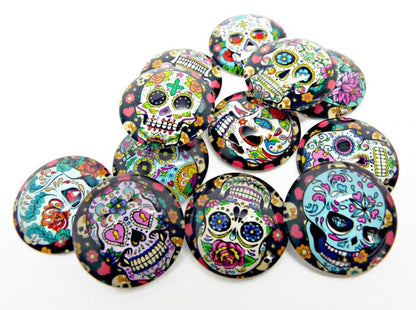 20MM SKULL CABOCHONS, Pack of 12 Day of the Dead Designs, Halloween Jewellery Cabochons