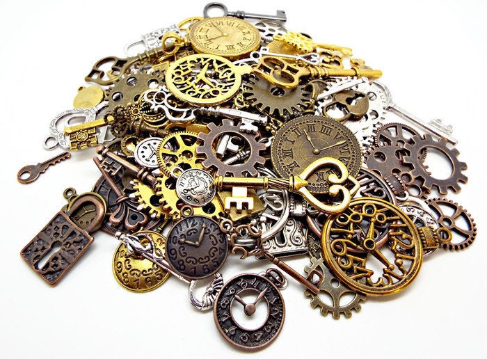 100 Steampunk Charms Mix including Keys, Padlocks, Clocks and Cogs for Steampunk Jewellery and Mixed Media Art