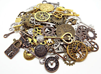 100 Steampunk Charms Mix including Keys, Padlocks, Clocks and Cogs for Steampunk Jewellery and Mixed Media Art