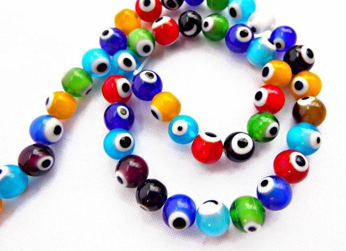 8MM GLASS EVIL EYE BEADS Lampwork Glass 48pc Strand in Mixed Colors