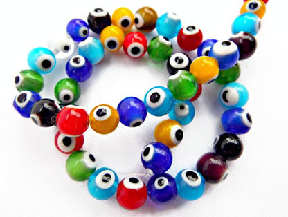 8MM GLASS EVIL EYE BEADS Lampwork Glass 48pc Strand in Mixed Colors