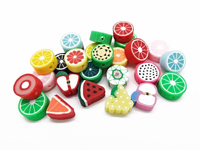 50 CLAY FRUIT BEADS in Mixed Designs, Lime, Lemon, Apple, Watermelon, Strawberry & More