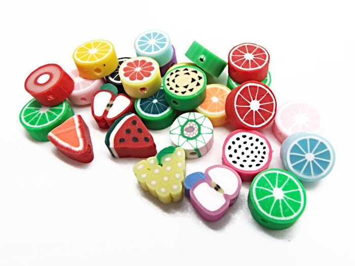 50 CLAY FRUIT BEADS in Mixed Designs, Lime, Lemon, Apple, Watermelon, Strawberry & More