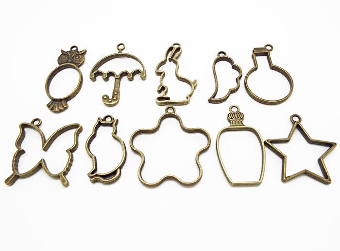 10 Open Back Bezel Pendants in Antique Bronze Tone, Resin Setting Charms, Includes Cat, Rabbit and Butterfly