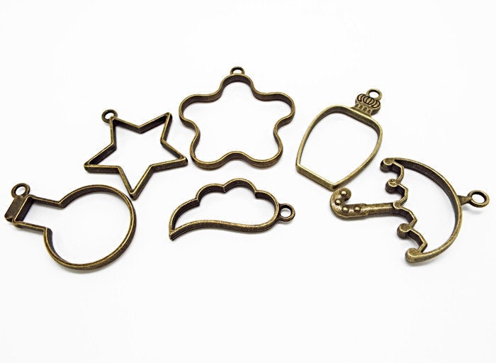 10 Open Back Bezel Pendants in Antique Bronze Tone, Resin Setting Charms, Includes Cat, Rabbit and Butterfly