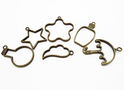 10 Open Back Bezel Pendants in Antique Bronze Tone, Resin Setting Charms, Includes Cat, Rabbit and Butterfly