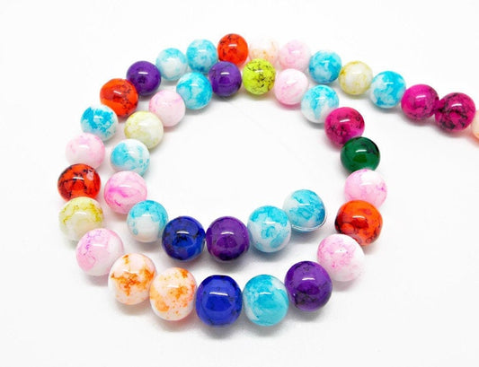 10mm Round Glass Spraypainted Beads with a Random Paint Effect, Strand of 43 in Mixed Colours