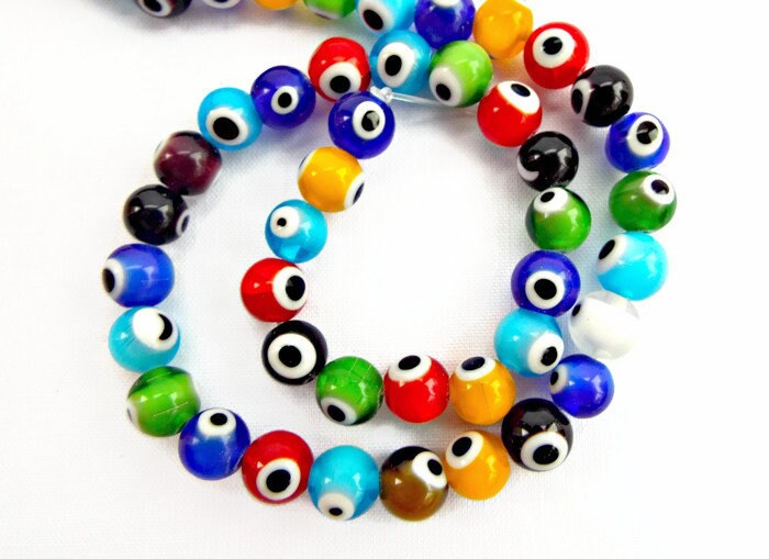 8MM GLASS EVIL EYE BEADS Lampwork Glass 48pc Strand in Mixed Colors