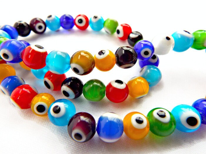 8MM GLASS EVIL EYE BEADS Lampwork Glass 48pc Strand in Mixed Colors