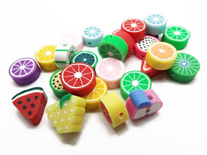 50 CLAY FRUIT BEADS in Mixed Designs, Lime, Lemon, Apple, Watermelon, Strawberry & More