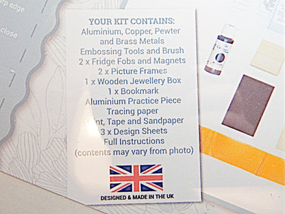 COMPLETE METAL EMBOSSING KIT, Metal Craft Kit with 7 Projects including Picture Frames, Magnets & Jewel Box