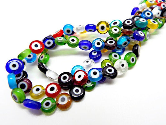 FLAT EVIL EYE BEADS, Strand of 50 Glass, Disc Shaped 8mm Beads in Mixed Colors