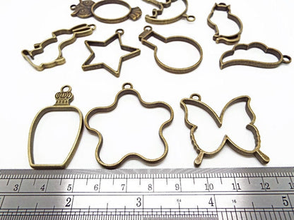 10 Open Back Bezel Pendants in Antique Bronze Tone, Resin Setting Charms, Includes Cat, Rabbit and Butterfly