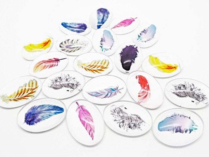 10x 24mm Domed Oval Glass Feather Cabochons for Jewelry Making and Mixed Media Art