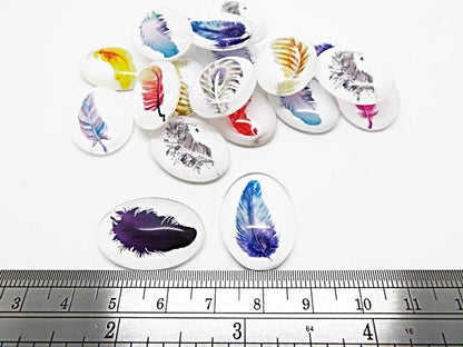 10x 24mm Domed Oval Glass Feather Cabochons for Jewelry Making and Mixed Media Art