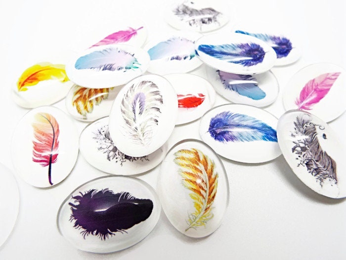 10x 24mm Domed Oval Glass Feather Cabochons for Jewelry Making and Mixed Media Art