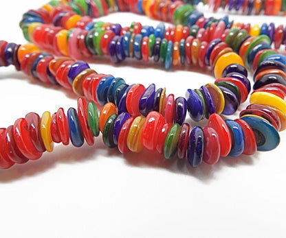 MULTICOLOUR DISC Shell Beads 29 Inch Strand in Rainbow Colours, Dyed Mother of Pearl Shell