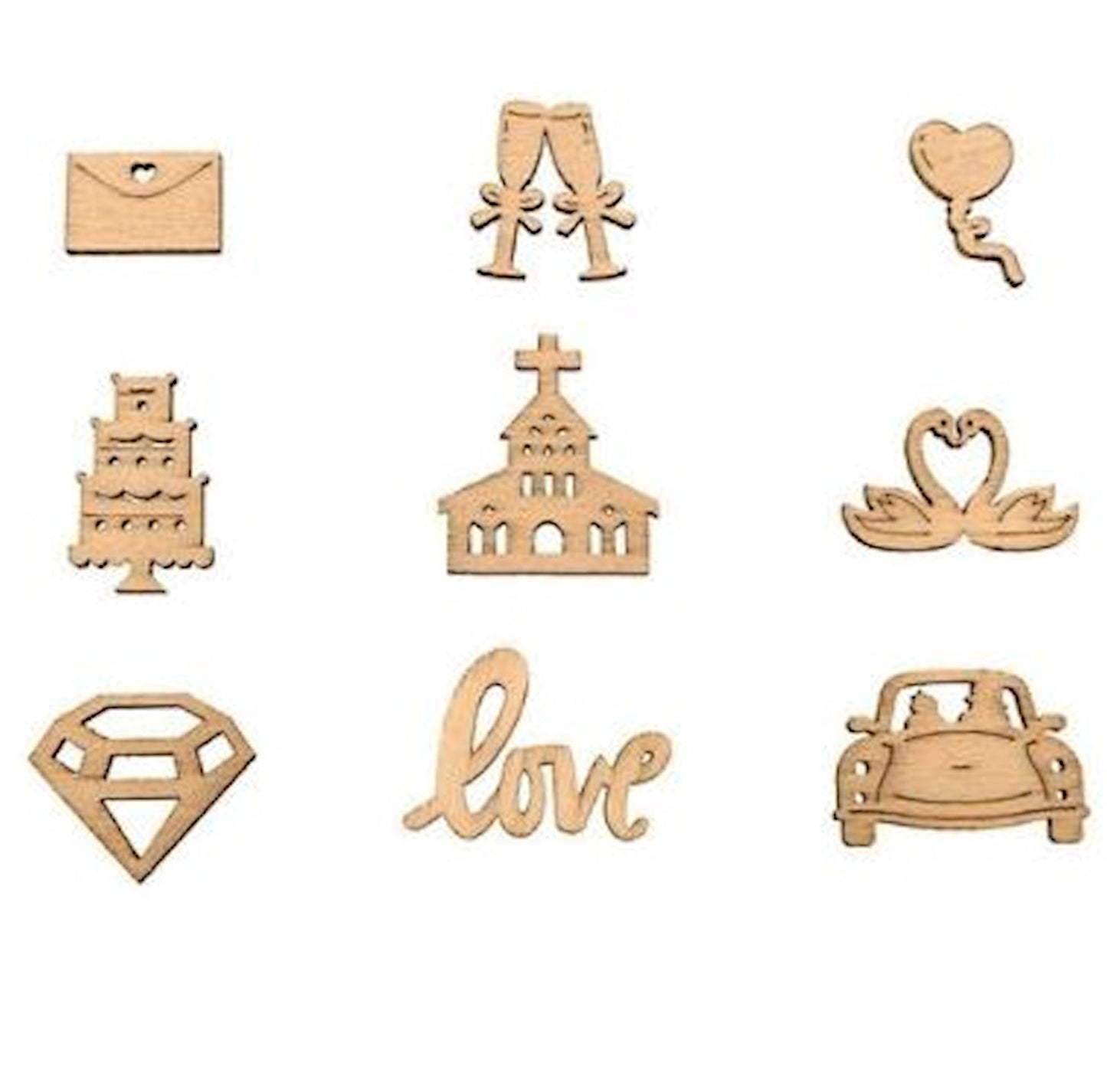 45 LASER CUT Wood Wedding Themed Embellishments in 9 Designs for Mixed Media Art