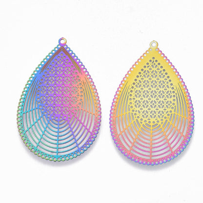 5 STAINLESS STEEL TEARDROP PENDANTS Rainbow Electroplated in a Filigree Style. 41x26mm Lightweight Jewellery Charms