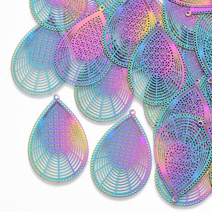 5 STAINLESS STEEL TEARDROP PENDANTS Rainbow Electroplated in a Filigree Style. 41x26mm Lightweight Jewellery Charms