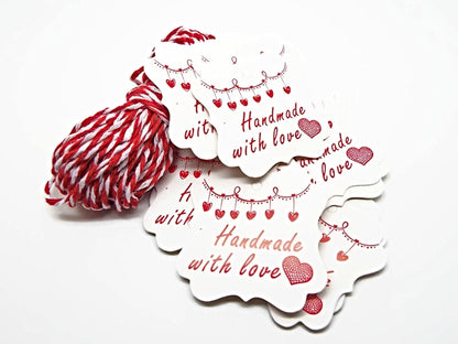 50 DISPLAY TAGS and 10M of Cord, Handmade with Love Design, Gift Tags with Scalloped Edge in Red & White