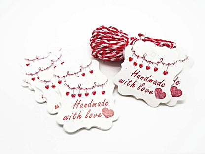 50 DISPLAY TAGS and 10M of Cord, Handmade with Love Design, Gift Tags with Scalloped Edge in Red & White