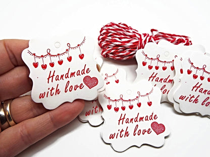 50 DISPLAY TAGS and 10M of Cord, Handmade with Love Design, Gift Tags with Scalloped Edge in Red & White