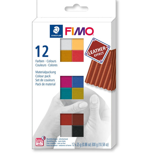 FIMO POLYMER Clay Leather Effect, 12x 25g Half Blocks, Oven Bake Modelling Clay in 12 Colours