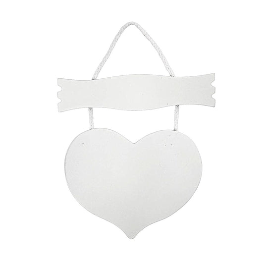 WOODEN HEART Shaped White Plaque with Banner, 24x19cm & 5mm Thick with White Cord, Ready to Decorate and Use for Wall Decor