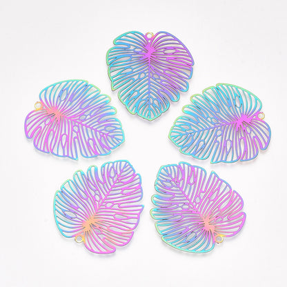 39MM MONSTERA LEAF PENDANTS Set of 5 Electroplated Stainless Steel Rainbow Charms in a Filigree Style