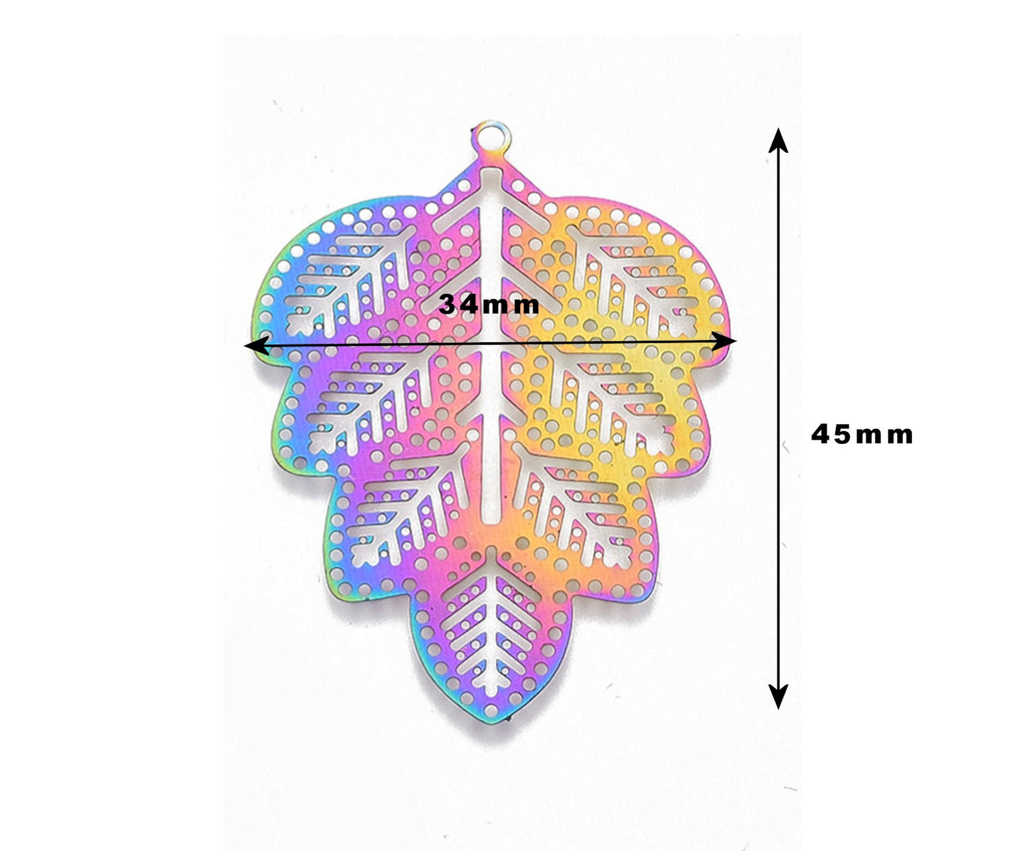 45mm ELECTROPLATED LEAF Pendants in Rainbow Colours, Set of 5 Stainless Steel Filigree Style Lightweight Findings