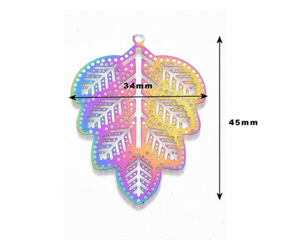 45mm ELECTROPLATED LEAF Pendants in Rainbow Colours, Set of 5 Stainless Steel Filigree Style Lightweight Findings