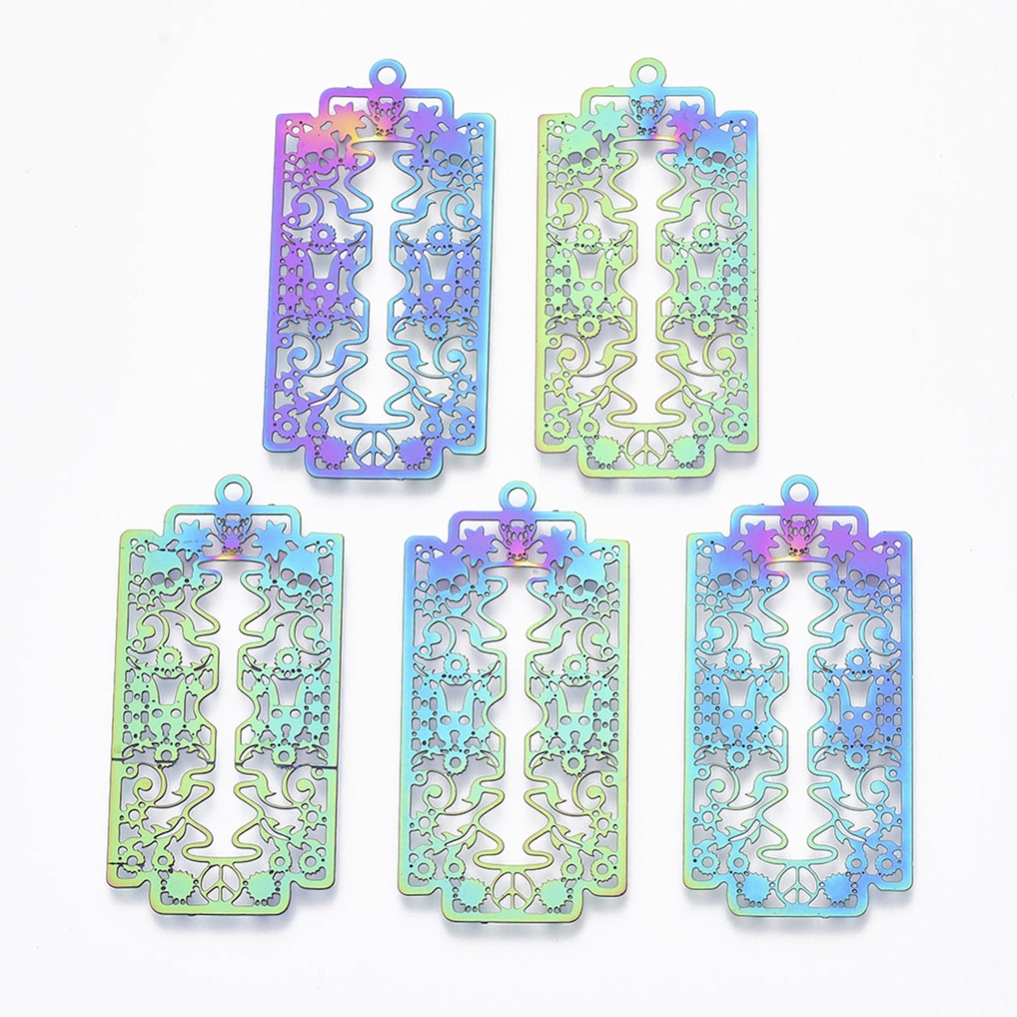 45mm ELECTROPLATED RAZOR Skull Pendants, Set of 5 Stainless Steel Rainbow Charms in a Filigree Style