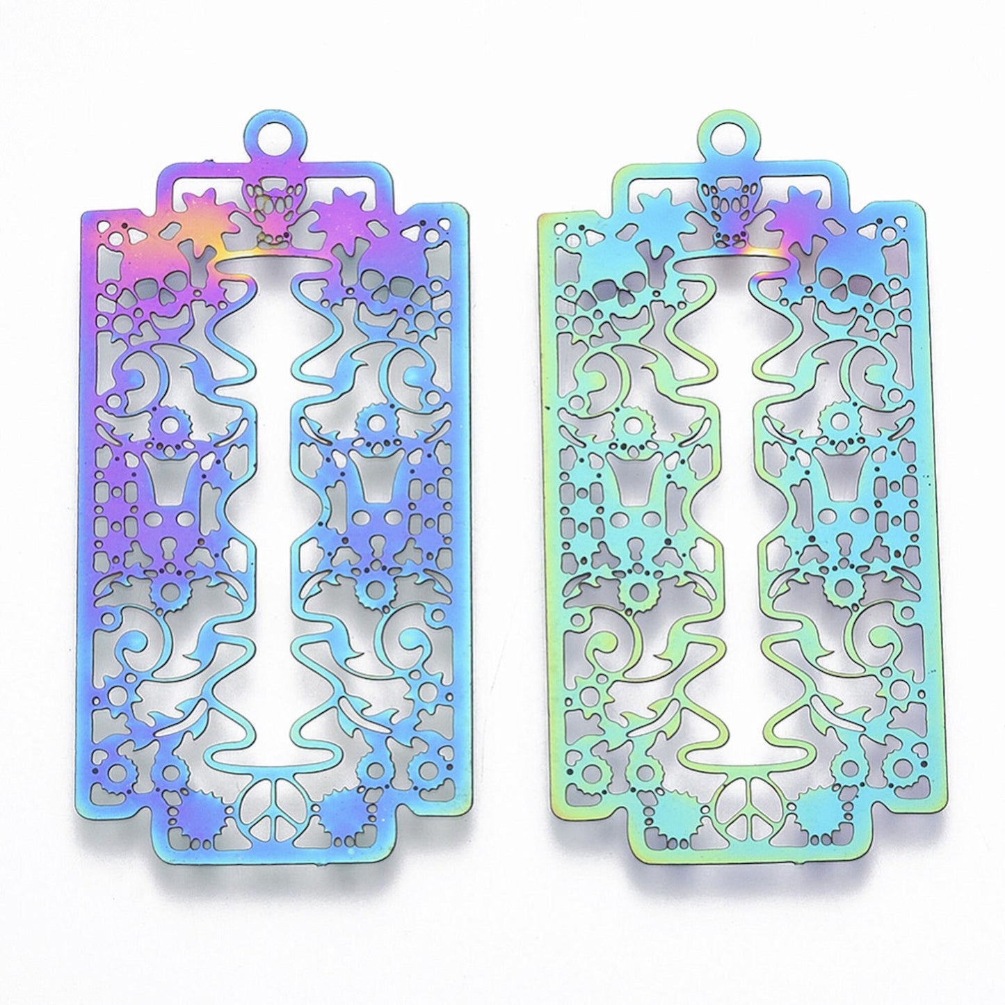 45mm ELECTROPLATED RAZOR Skull Pendants, Set of 5 Stainless Steel Rainbow Charms in a Filigree Style