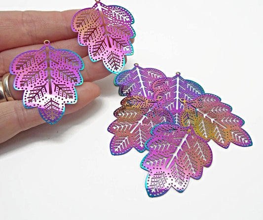 45mm ELECTROPLATED LEAF Pendants in Rainbow Colours, Set of 5 Stainless Steel Filigree Style Lightweight Findings