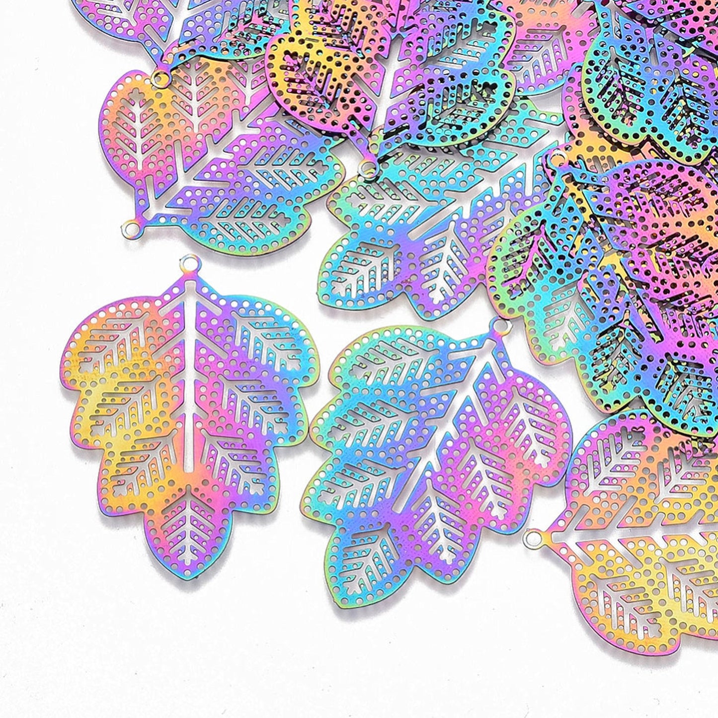 45mm ELECTROPLATED LEAF Pendants in Rainbow Colours, Set of 5 Stainless Steel Filigree Style Lightweight Findings