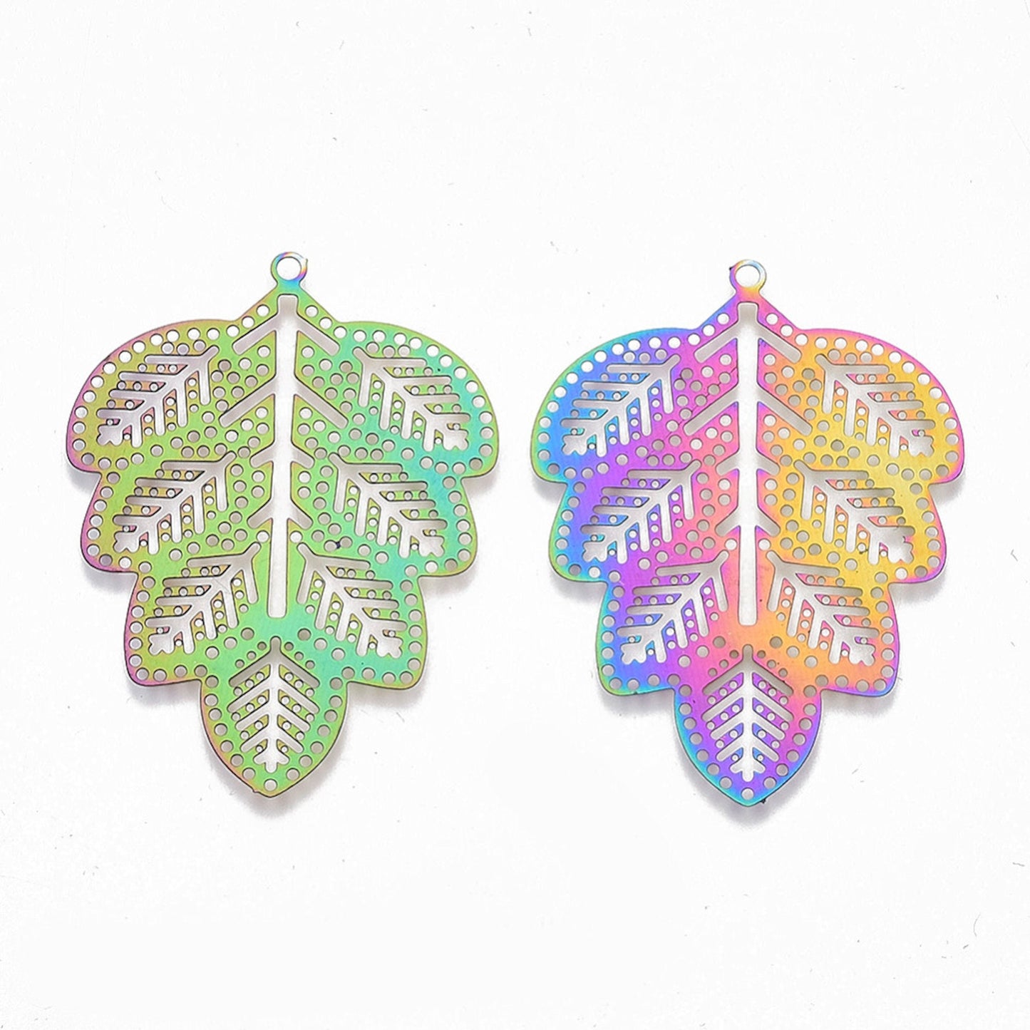 45mm ELECTROPLATED LEAF Pendants in Rainbow Colours, Set of 5 Stainless Steel Filigree Style Lightweight Findings