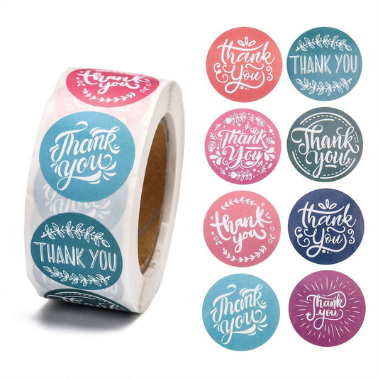 THANK YOU Stickers, Roll of 500 in 8 Designs. 25mm Round Labels for Customer Products