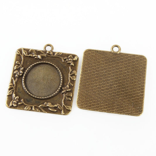 5 BRONZE BEZEL TRAYS with a 20mm Cab Setting, 40x36x2mm, Hole 3mm, Square Pendant with Round Setting