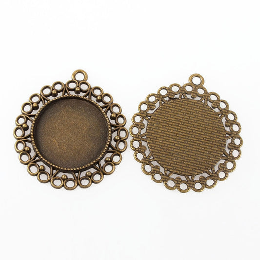 5 ROUND BRONZE BEZEL PENDANTS Flower Style with a 25mm Cabochon Setting, 43x39x3mm Jewellery Pendants