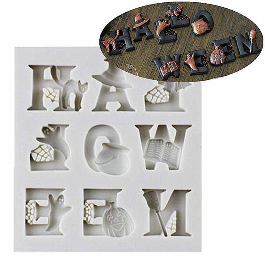 HALLOWEEN LETTERS Silicone Mould, 82x75mm including Cats, Ghosts, Spider Web for Halloween Decor & Jewellery Making