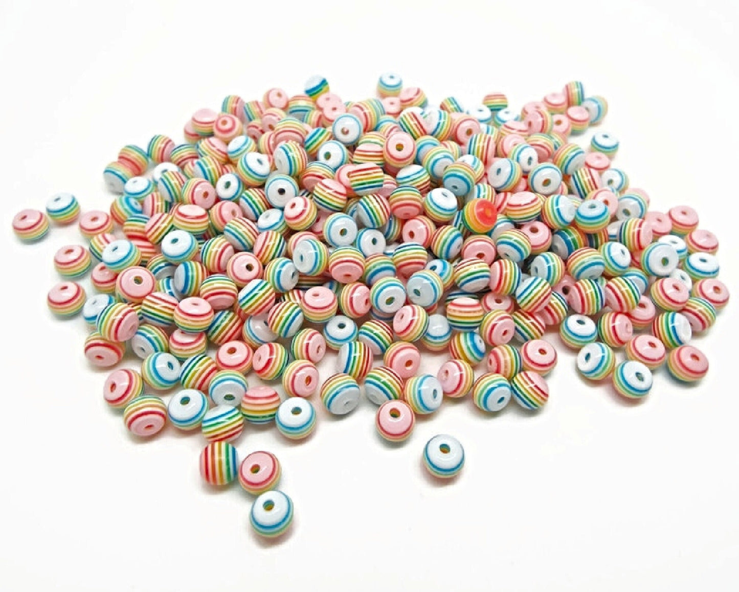 100 Striped Rainbow Beads, 6mm Round Resin Beads in Mixed Colors