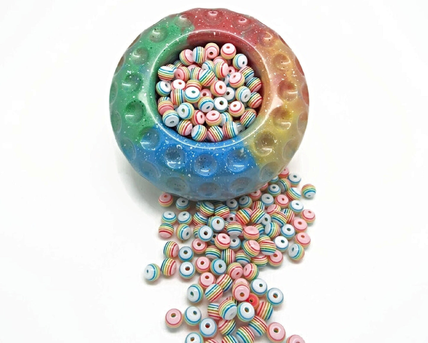 100 Striped Rainbow Beads, 6mm Round Resin Beads in Mixed Colors