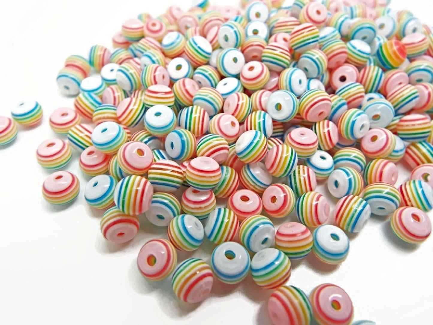 100 Striped Rainbow Beads, 6mm Round Resin Beads in Mixed Colors