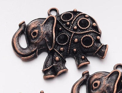 10 Elephant Pendants in a Dark Red Copper Tone, 49x39x7mm, Jewellery Components